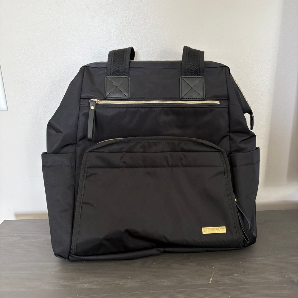 Skip Hop Diaper Bag Mainframe Wide Open OS Black Backpack Stroller Straps Gold
